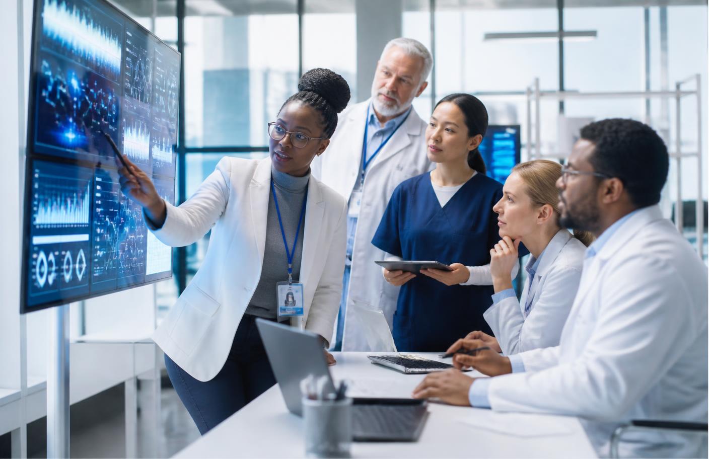 Clinical and technical teams collaborating over healthcare data systems